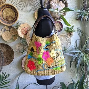 Lucky Brand Straw Hobo Bag Flower Power Embroidery